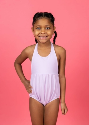 Bright Lilac | Mini Romper One-Piece girls full coverage swimwear, kids swimwear for pool