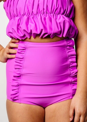 Brilliant Violet | Youth Down in Front Ruffle Bottoms girls full coverage swimwear, kids swimwear for pool