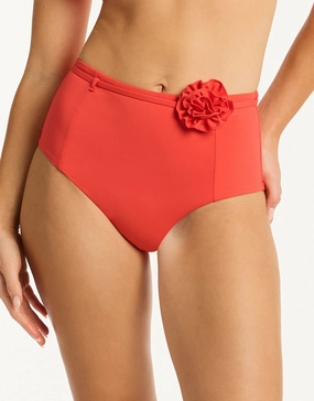 Casa Del Mar Belted High Waist Bikini Pant - Flame adjustable swim bottoms women, flattering bikini bottoms