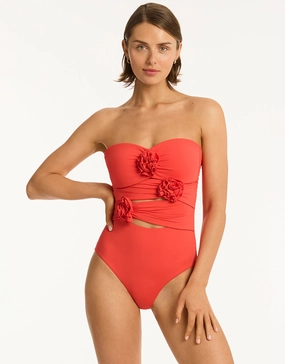 Casa Del Mar Flower Bandeau Swimsuit - Flame womens resort swimwear, flattering one-piece swimsuits