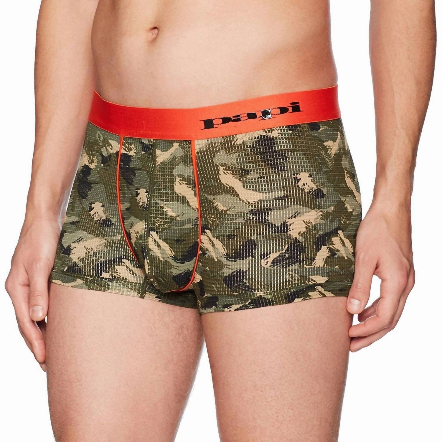 Catalyst Camo Brazilian Trunk In Green/cherry Tomato mens beach swimwear, quick dry mens swimsuits