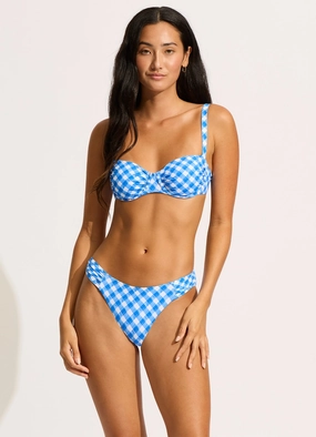 Ciao Bella Check High Leg Ruched Side Bikini Bottom - Azure plus size swimwear women, summer swimwear for ladies