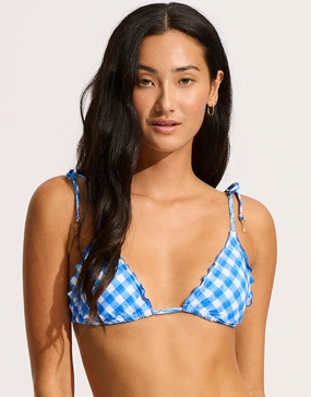 Ciao Bella Check Slide Tri Bikini Top - Azure full coverage swim tops, cute bikini tops