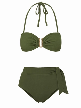 Cindy Top   Side Tie High Waist Bottom in Olive Texture bikini bottom with tie sides, swim top for sunbathing
