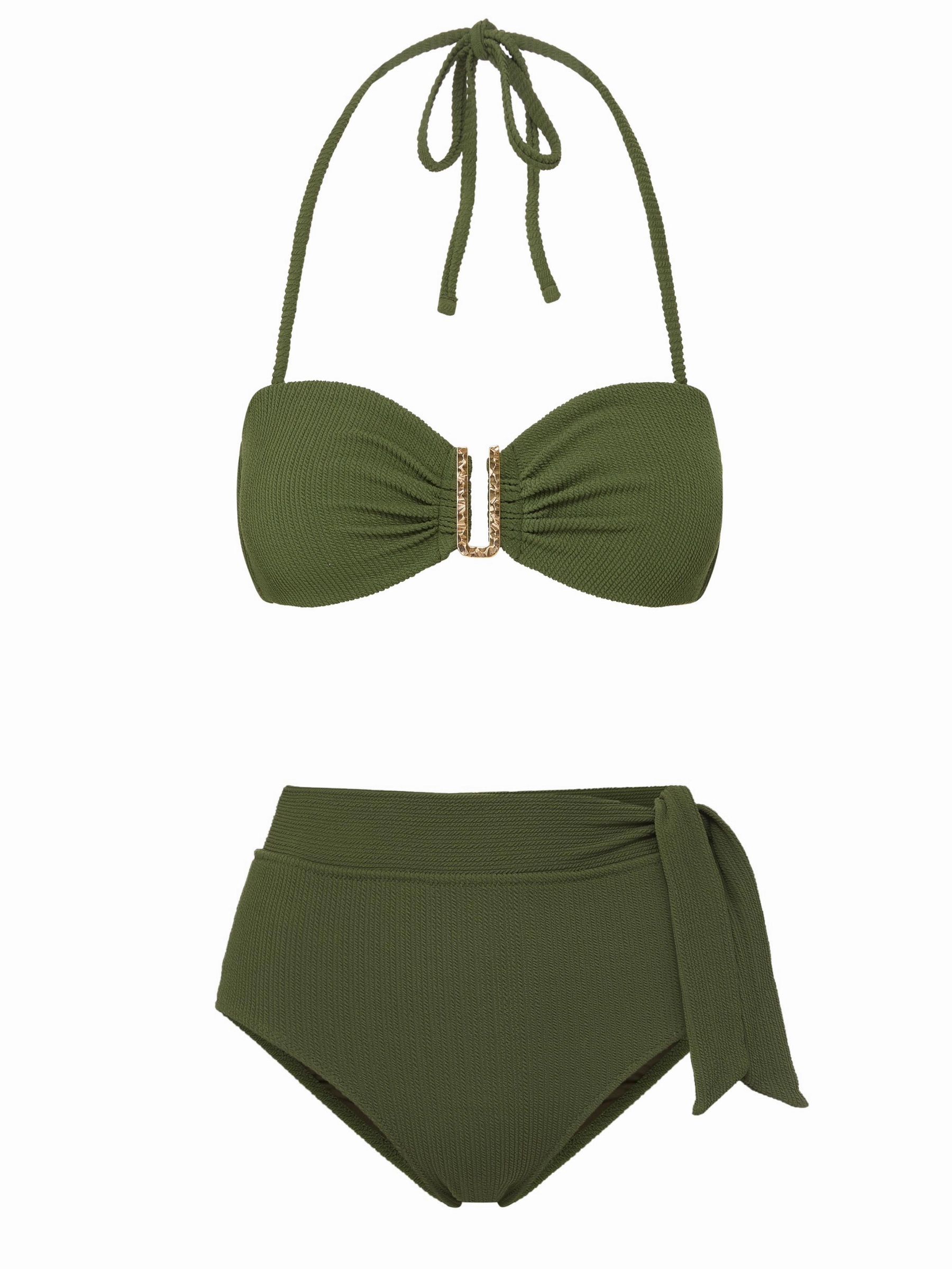 Cindy Top   Side Tie High Waist Bottom in Olive Texture bikini bottom with tie sides, swim top for sunbathing