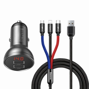 Online Exclusive Offer Baseus Digital Display Dual Usb 4.8A Car Charger 24W With 3-In-1 Data Cable (Tzccbx-0G)