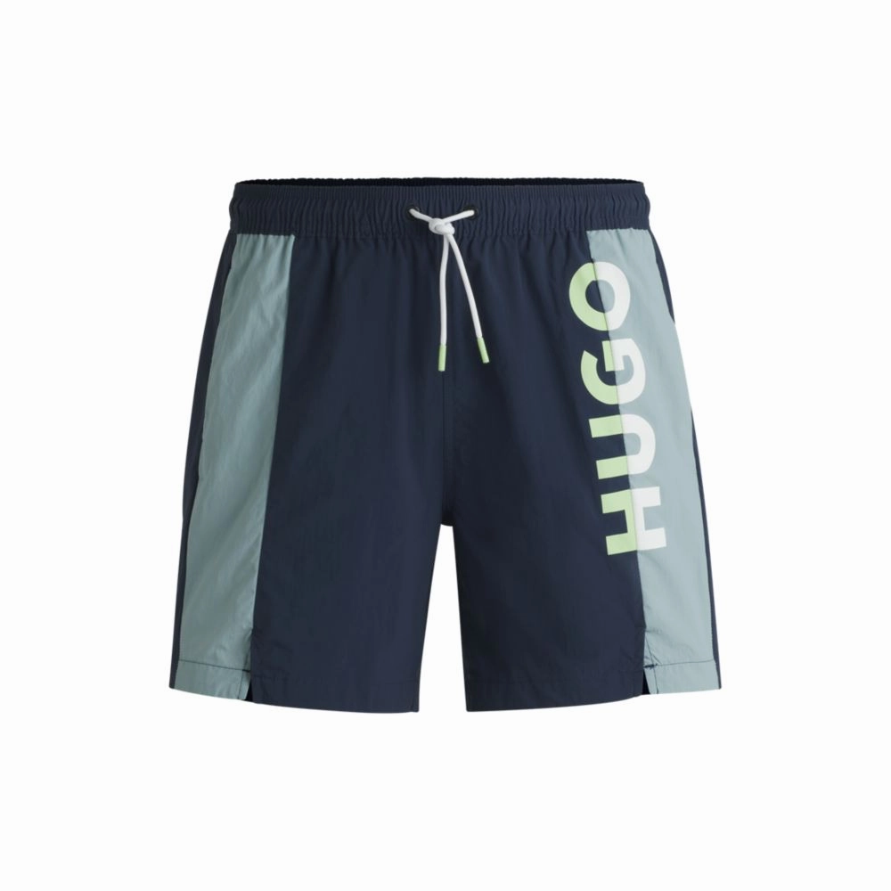 Color-blocked swim shorts with two-tone logo mens full coverage swimwear, stylish mens swim trunks