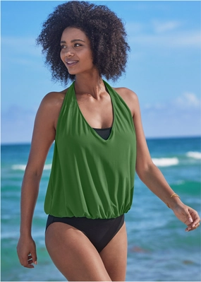 Cowl Neck Twofer One-Piece - Everglades Green & Black womens sun protection swimwear, trendy swimwear collection