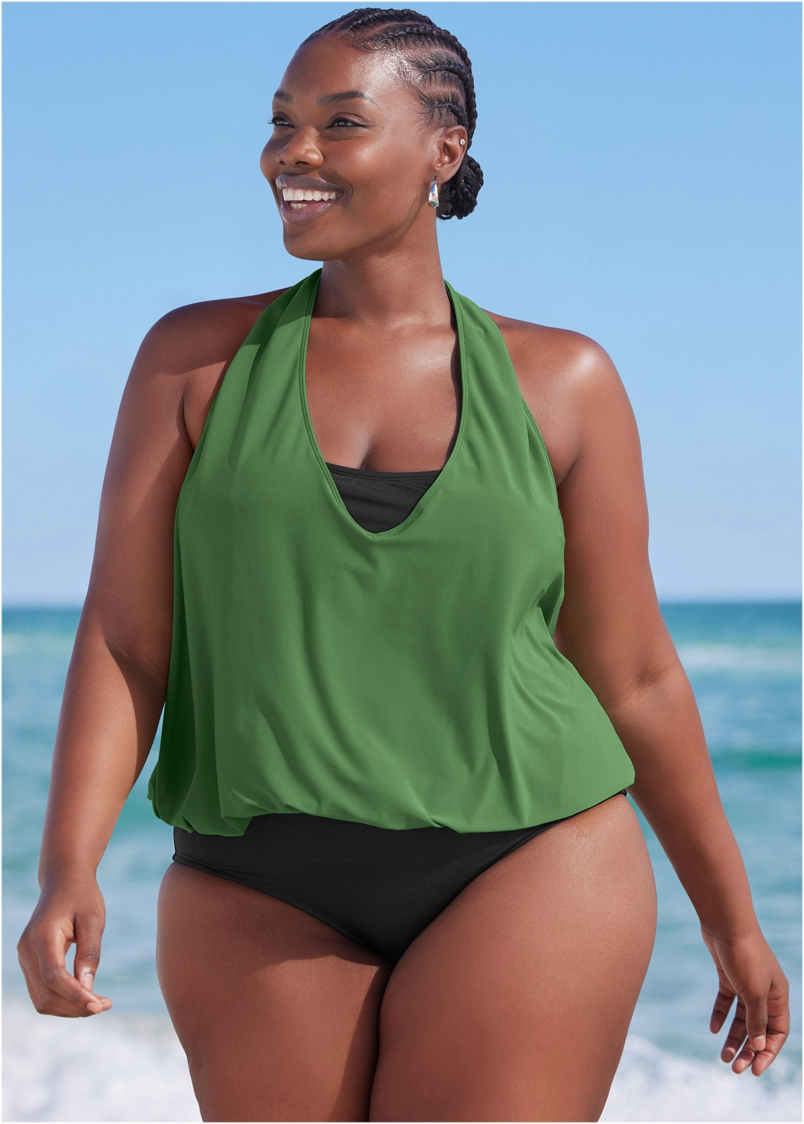 Cowl Neck Twofer One-Piece - Everglades Green & Black