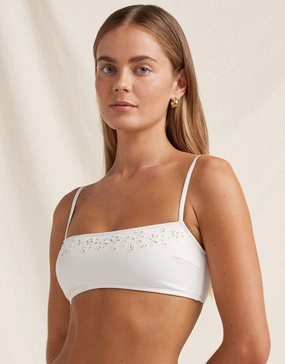 Creme Memoir Embroidered Bandeau Crop Bikini Top - White full coverage swim tops, cute bikini tops