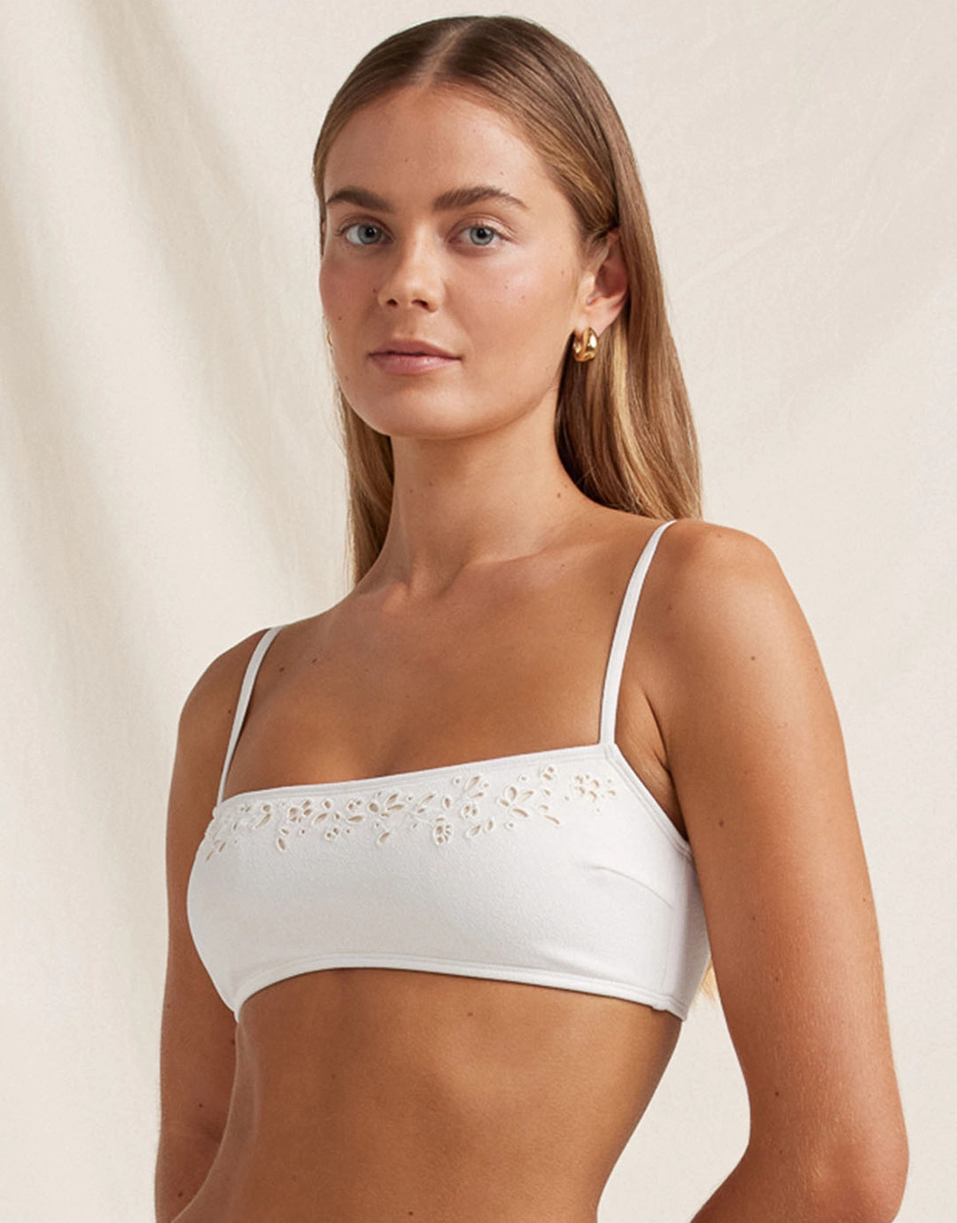 Creme Memoir Embroidered Bandeau Crop Bikini Top - White full coverage swim tops, cute bikini tops