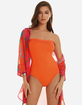 Cristal Bandeau Swimsuit - Orange cup sized swimwear women, supportive swimsuits for large bust
