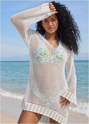 Crochet Cover-Up Dress - White womens sun protection swimwear, trendy swimwear collection