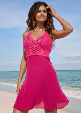 Crochet Top Cover-Up Dress - Raspberry swimwear with tummy control, elegant swimsuits for women