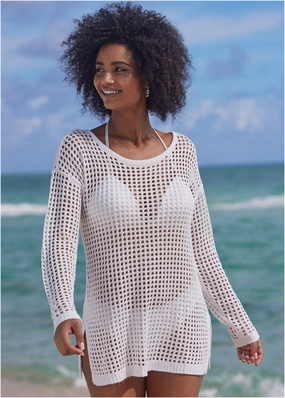 Crochet Tunic Cover-Up - Pearl White swimwear for all body types, comfortable womens beachwear