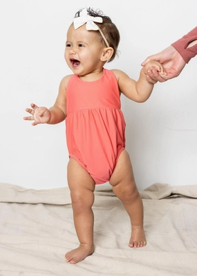 Deep Coral | Baby Romper One-Piece girls full coverage swimwear, kids swimwear for pool
