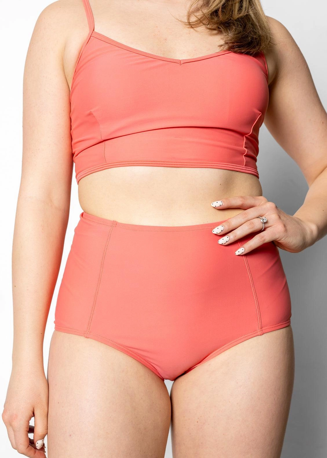Deep Coral | High-Waisted Bottoms elastic waistband swim bottoms, mix-and-match bikini bottoms