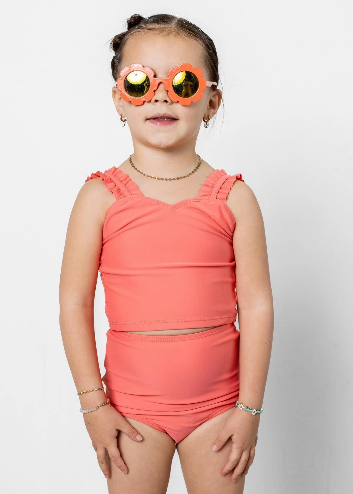 Deep Coral | Mini High-Waisted Bottoms girls full coverage swimwear, kids swimwear for pool