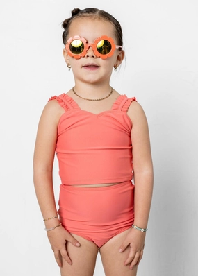 Deep Coral | Mini High-Waisted Bottoms girls full coverage swimwear, kids swimwear for pool