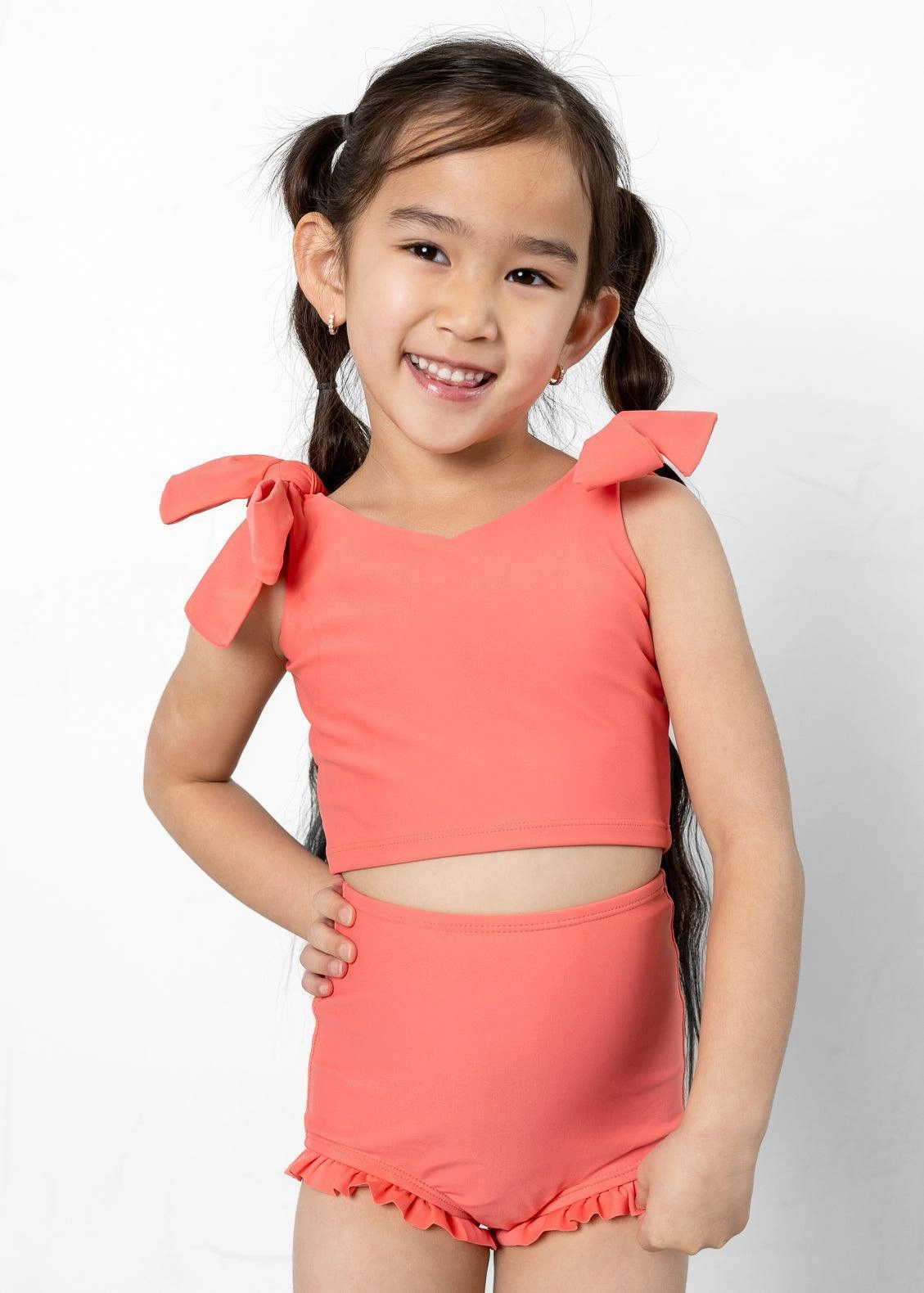 Deep Coral | Mini Knot Top girls full coverage swimwear, kids swimwear for pool