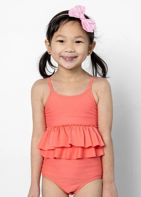 Deep Coral | Mini Peplum Bottoms girls full coverage swimwear, kids swimwear for pool