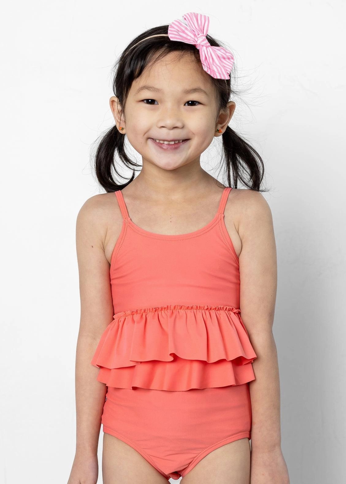 Deep Coral | Mini Peplum Top girls full coverage swimwear, kids swimwear for pool