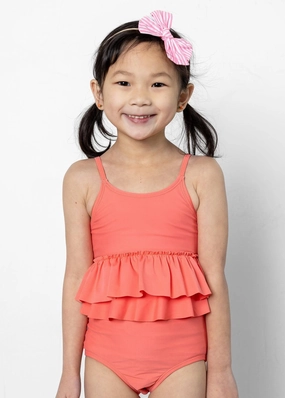Deep Coral | Mini Peplum Top girls full coverage swimwear, kids swimwear for pool