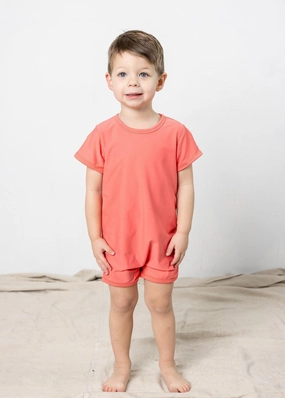 Deep Coral | Mini Shorties Rashguard (Unisex) boys summer swimwear, boys rash guard swim sets