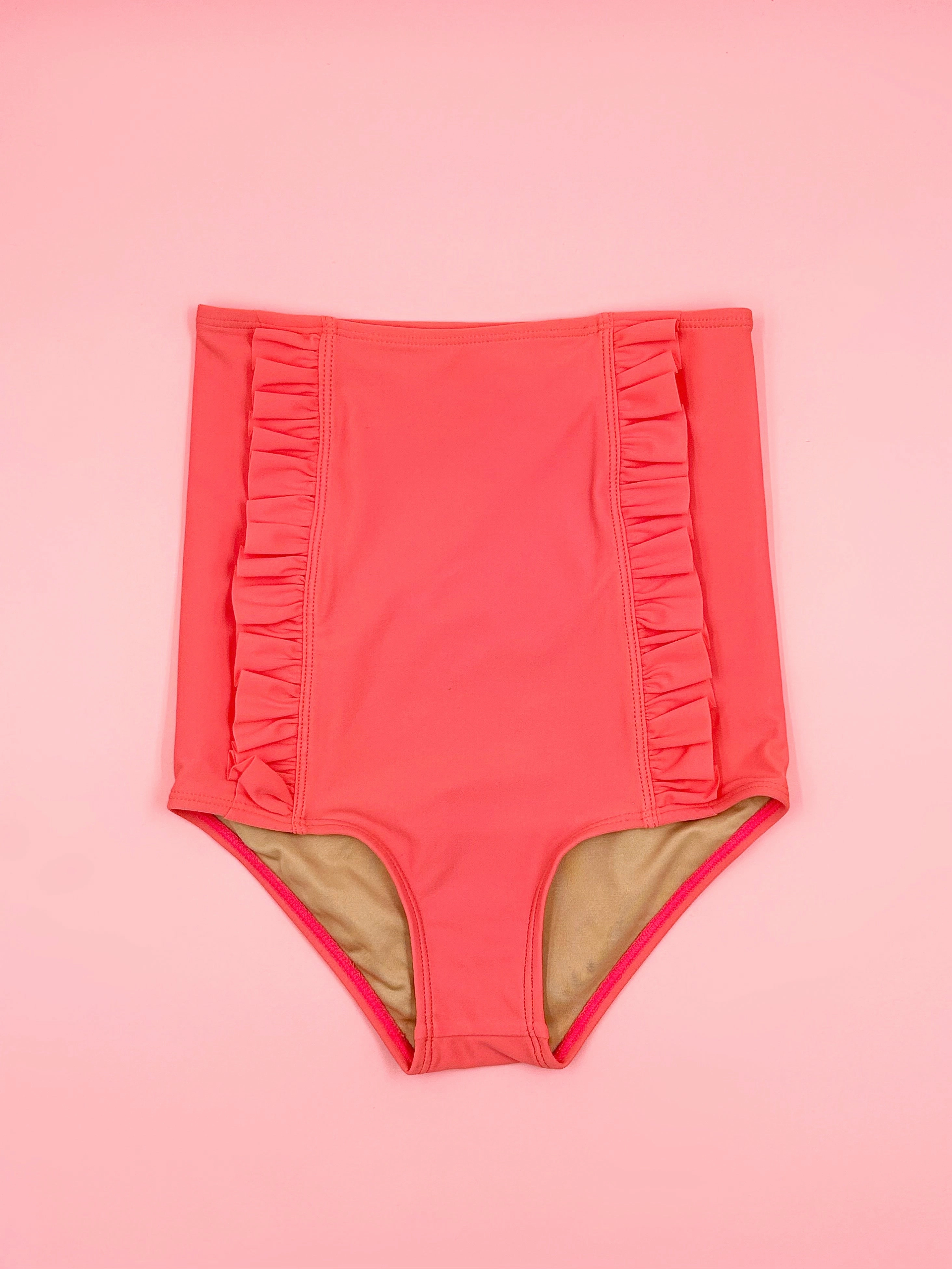 Deep Coral | Youth Down in Front Ruffle Bottoms girls full coverage swimwear, kids swimwear for pool