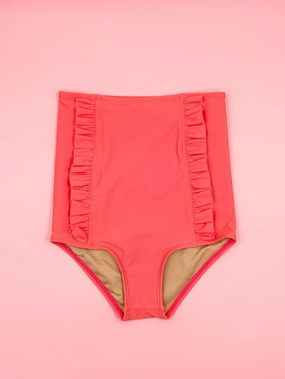Deep Coral | Youth Down in Front Ruffle Bottoms girls full coverage swimwear, kids swimwear for pool