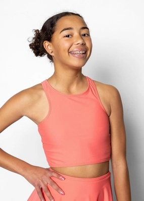 Deep Coral | Youth Racer Back Top girls full coverage swimwear, kids swimwear for pool