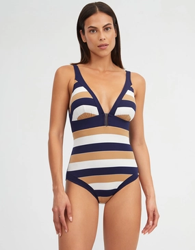 Doris Plunge Swimsuit - Stripe tummy control swimwear women, slimming swimsuits