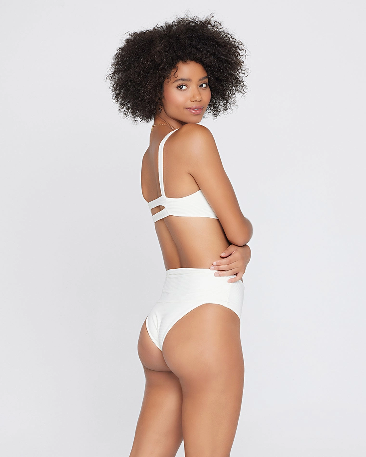 Eco Chic Repreve Desi Bikini Bottom - Cream ruched bikini bottoms, hipster swimwear bottoms