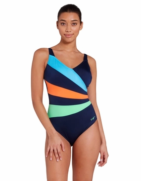 Elegance Wrap Panel Classicback Swimsuit - Blue/Orange/Green minimalistic swimsuits women, sleek swimwear styles