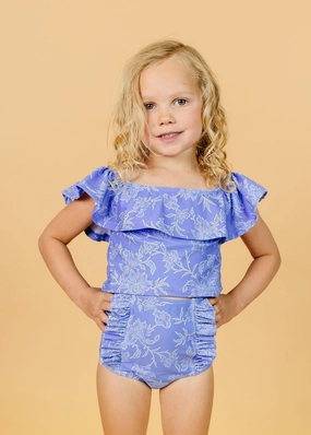 Elegant Floral | Mini Down in Front Ruffle Bottoms girls full coverage swimwear, kids swimwear for pool