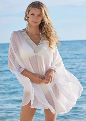 Embellished Tunic Cover-Up - Pearl White swimwear for all body types, comfortable womens beachwear