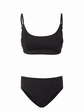 Erika Top   Classic Midrise Bottom in Black bikini bottom with tie sides, swim top for sunbathing