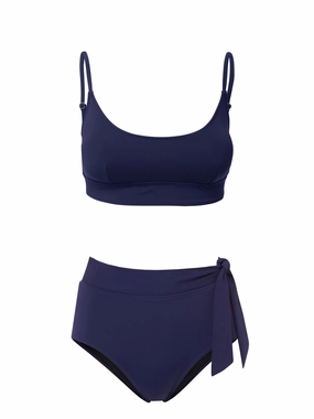 Erika Top   Side Tie High Rise Bottom in Navy Satin bikini bottom with tie sides, swim top for sunbathing