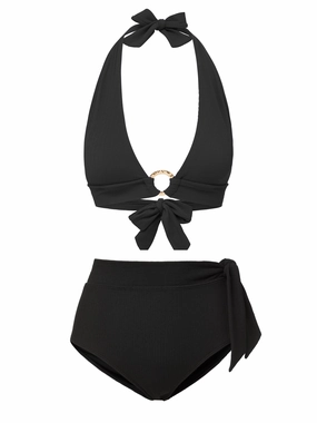 Erin Top   Side Tie High Waist Bottom In Black Texture bikini bottom with tie sides, swim top for sunbathing