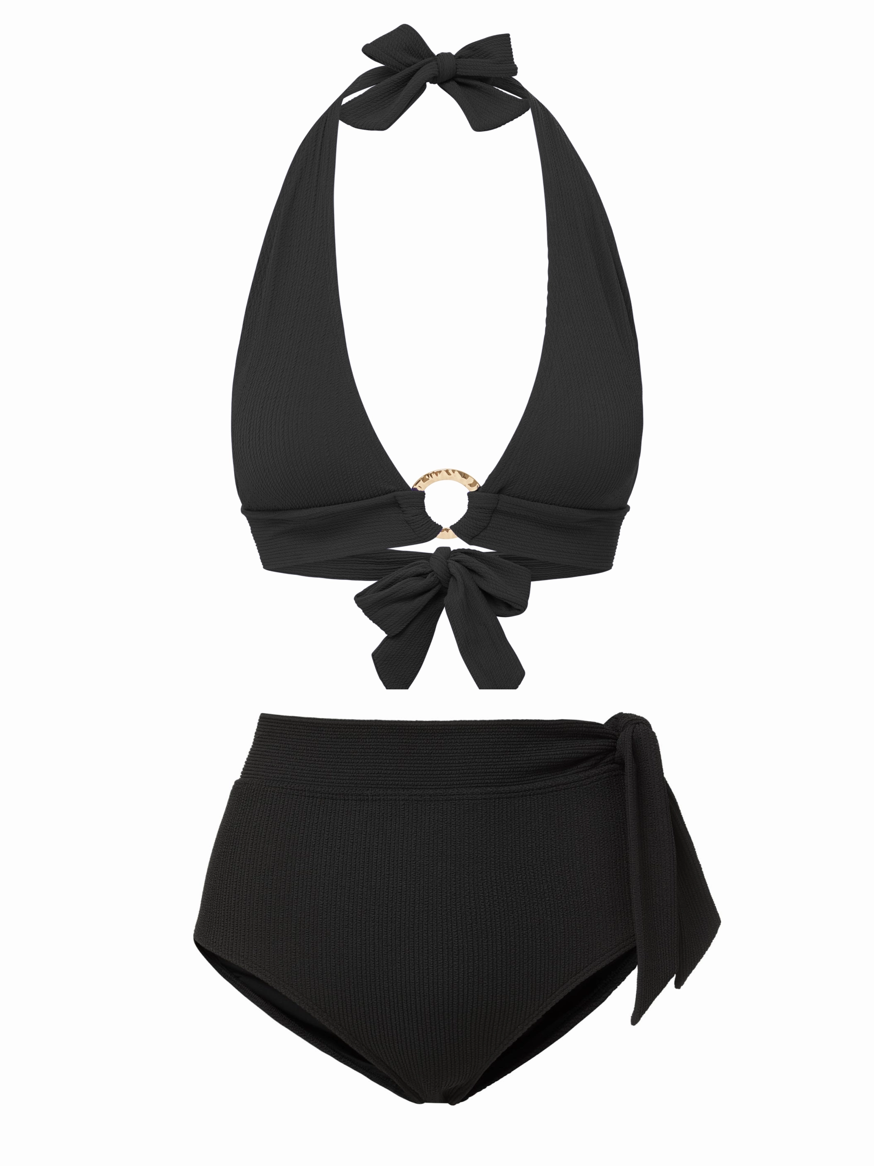 Erin Top   Side Tie High Waist Bottom In Black Texture bikini bottom with tie sides, swim top for sunbathing