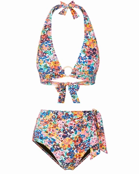 Erin Top   Side Tie High Waist Bottom In Painted Petals bikini bottom with tie sides, swim top for sunbathing