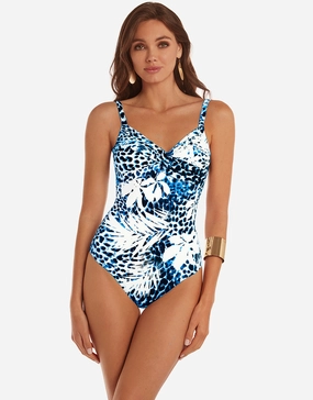 Ethnic Palm Underwired Crossover Swimsuit - Blue womens resort swimwear, flattering one-piece swimsuits