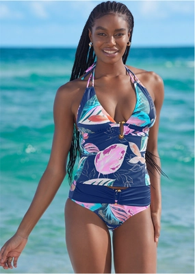 Fierce Tankini - Midnight Leaf supportive swim tops, printed bikini tops