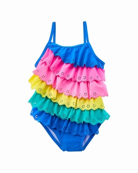 Flapdoodles Colorblocked Ruffle One-Piece cute swimsuits for teen girls, modest teen swimwear