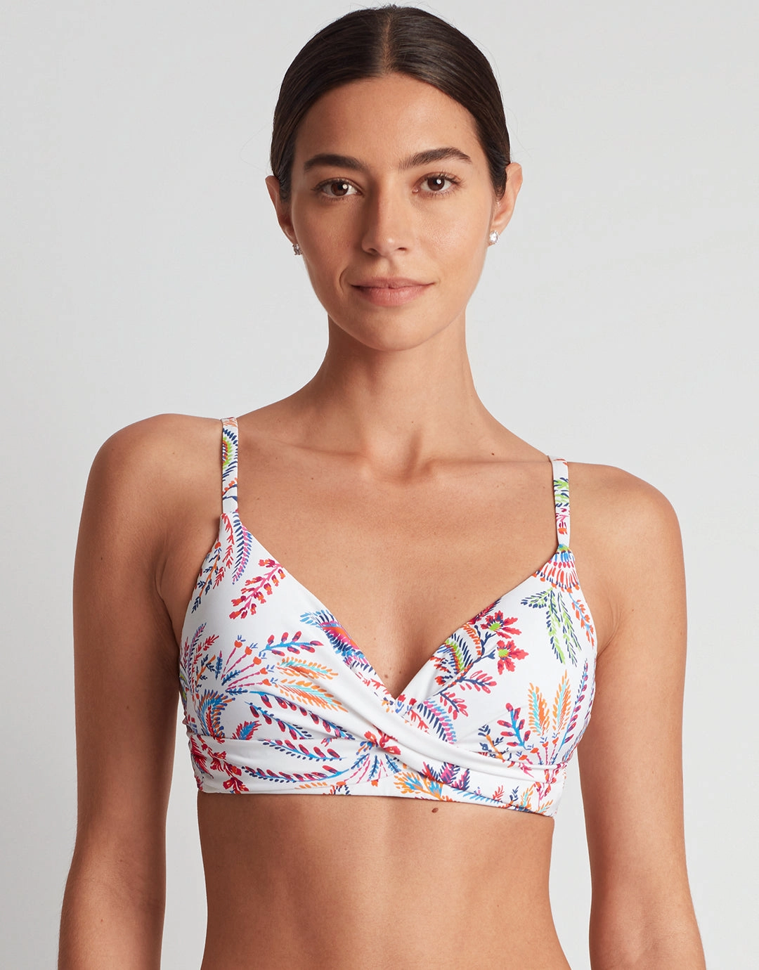 Fleurette Single Strap Twist Underwired Bra Bikini Top - White Floral full coverage swim tops, cute bikini tops