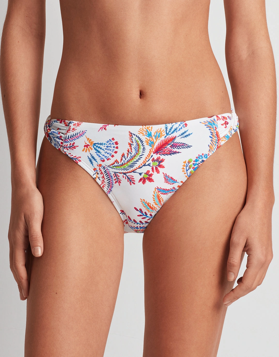 Fleurette Twist Side Tab Hipster Bikini Pant - White Floral adjustable swim bottoms women, flattering bikini bottoms