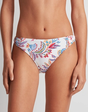 Fleurette Twist Side Tab Hipster Bikini Pant - White Floral adjustable swim bottoms women, flattering bikini bottoms