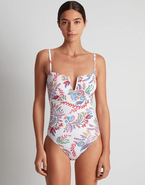 Fleurette Underwired OTS Swimsuit - White Floral tummy control swimwear women, slimming swimsuits