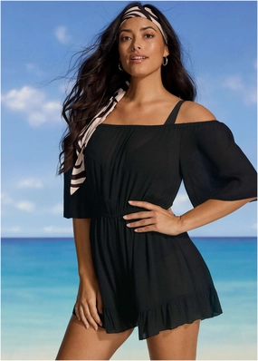 Flirty Cover-Up Romper - Black swimwear with tummy control, elegant swimsuits for women