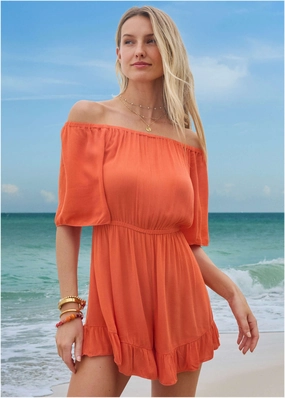 Flirty Cover-Up Romper - Coral Bright swimwear with tummy control, elegant swimsuits for women